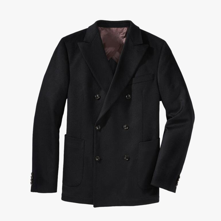 Schwarzer Kaschmir-Blazer von vorne, elegant geschnitten.