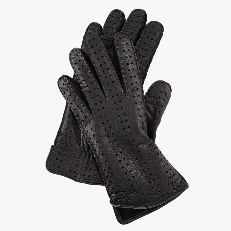 Schwarze Peccary-Lederhandschuhe mit perforierten Details.