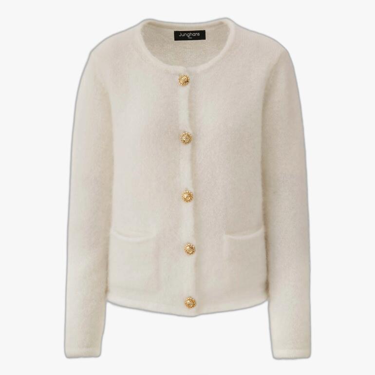 Weiße Mohair-Strickjacke mit Knöpfen und zwei Taschen.