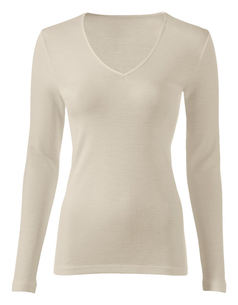 Damen, Langarm-Shirt, Creme Beiges Woolen Silk Langarm-Shirt mit V-Ausschnitt.