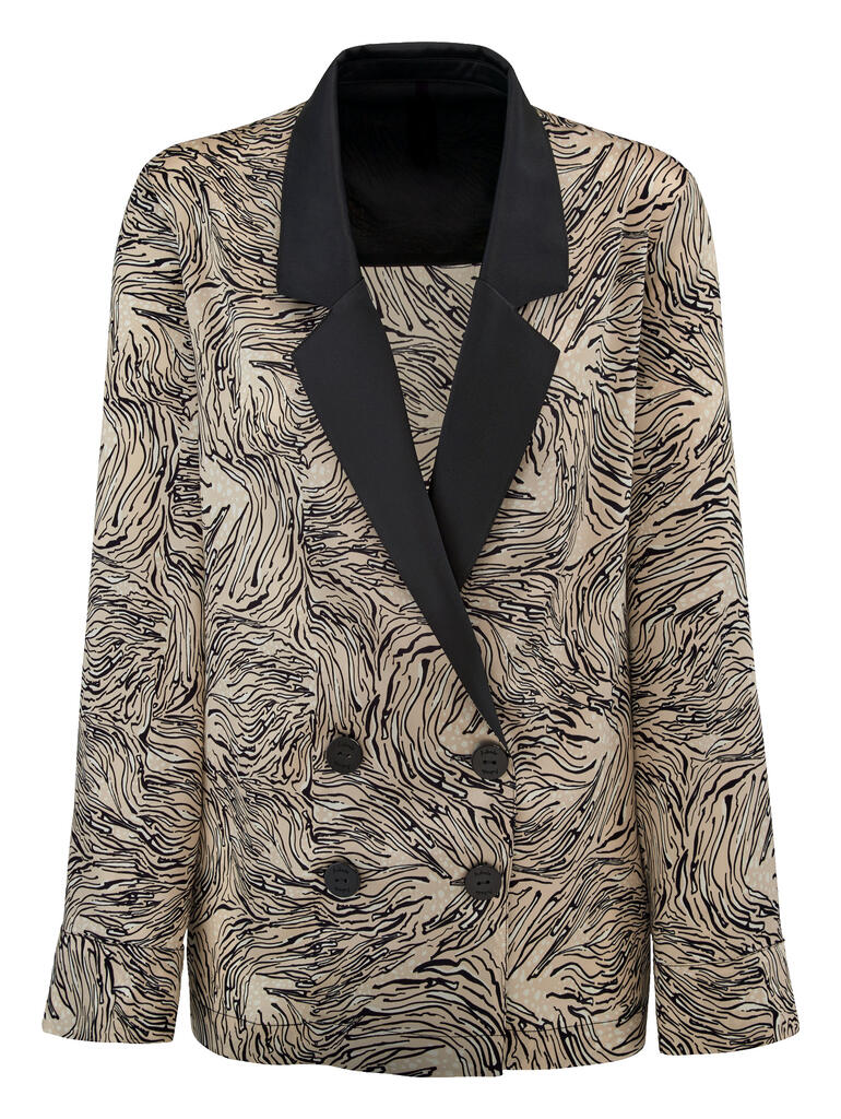 Gemusterte Jacke des Schlafanzugs mit schwarzem Kragen.