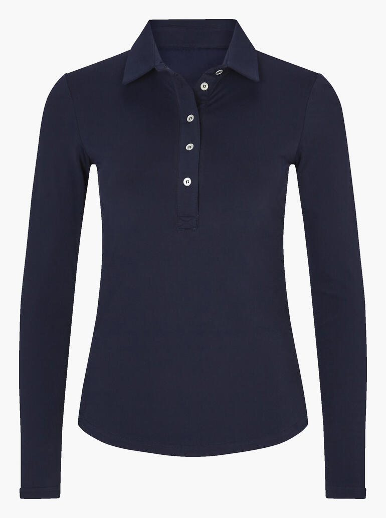 Navyfarbene Winter-Poloshirt mit langen Ärmeln und Knopfleiste auf weißem Hintergrund.