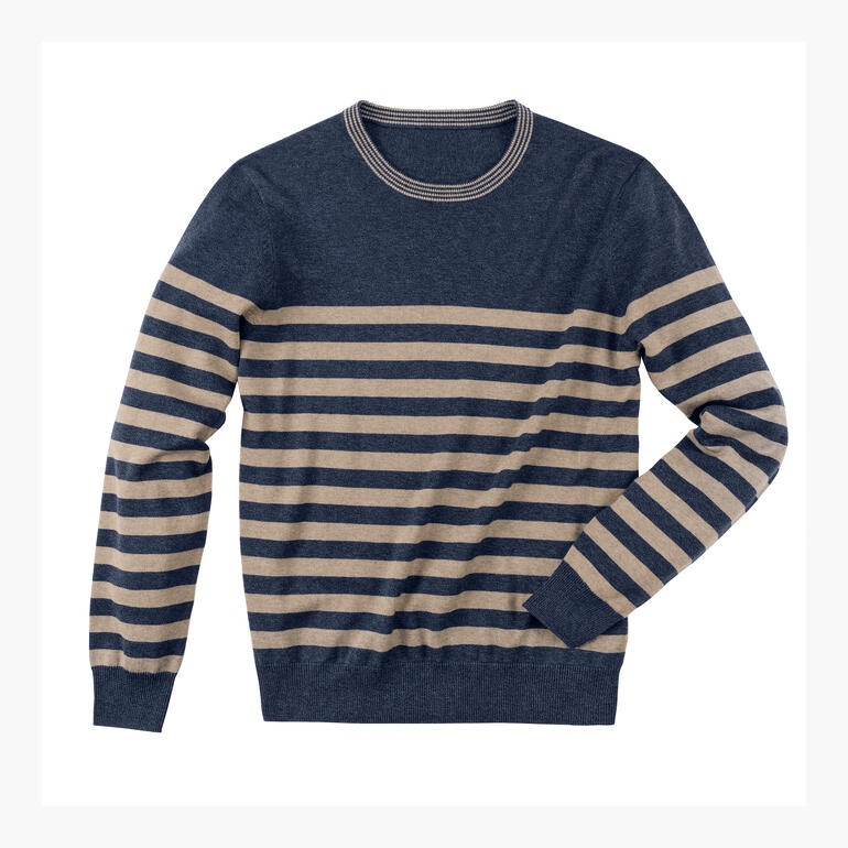 Blau gestreifter Hanf-Ringelpullover mit Rundhalsausschnitt