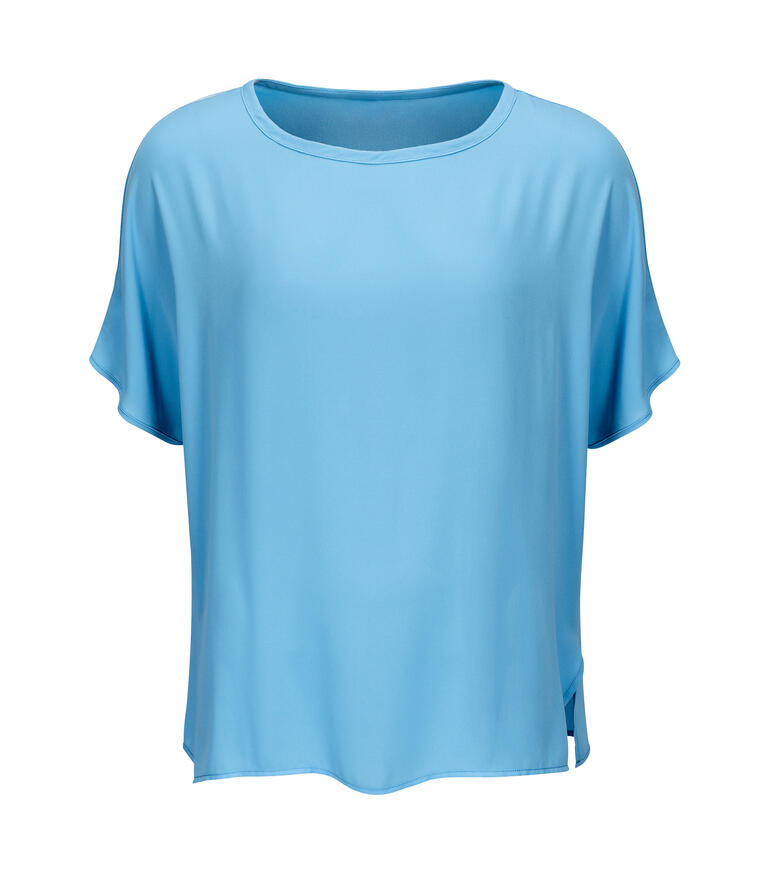 Vorderansicht einer blauen T-Shirt-Bluse von Janice & Jo, Größe 34.