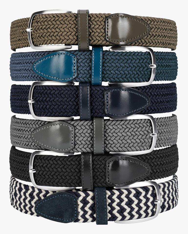 Sechs elastische Gürtel in verschiedenen Farben, darunter Jeansblau.