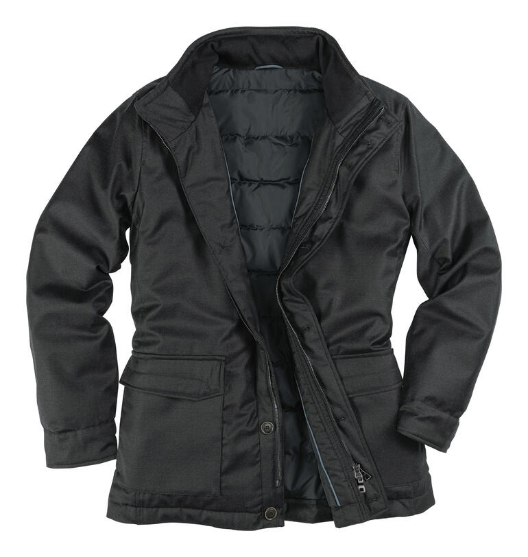 Lodenfrey Storm System®-Jacke in Schwarz mit gefütterter Innenjacke.