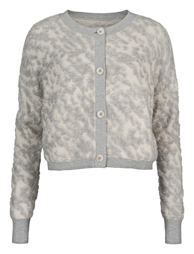 Graues 3D-Jacquard-Jackett mit Knöpfen und Rundhalsausschnitt.