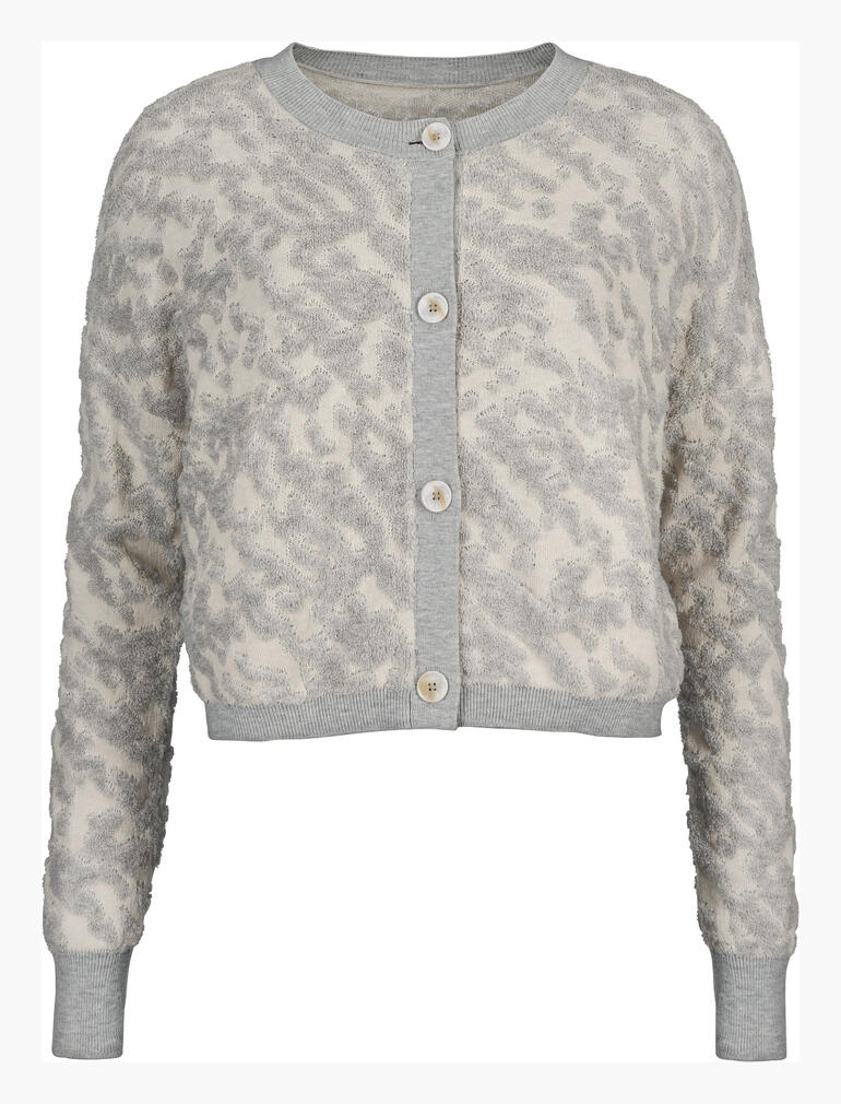 Graues 3D-Jacquard-Jackett mit Knöpfen und Rundhalsausschnitt.