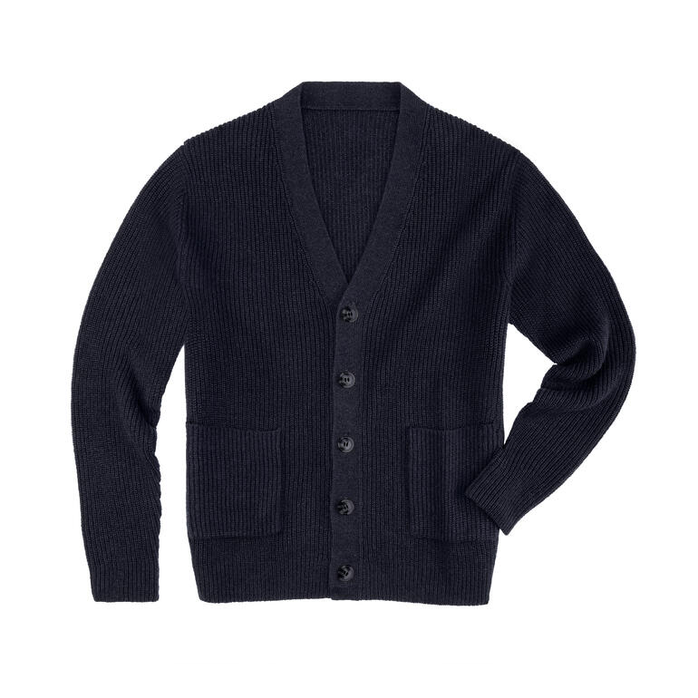 Vorderansicht eines navyfarbenen Cardigans mit Taschen und Knöpfen