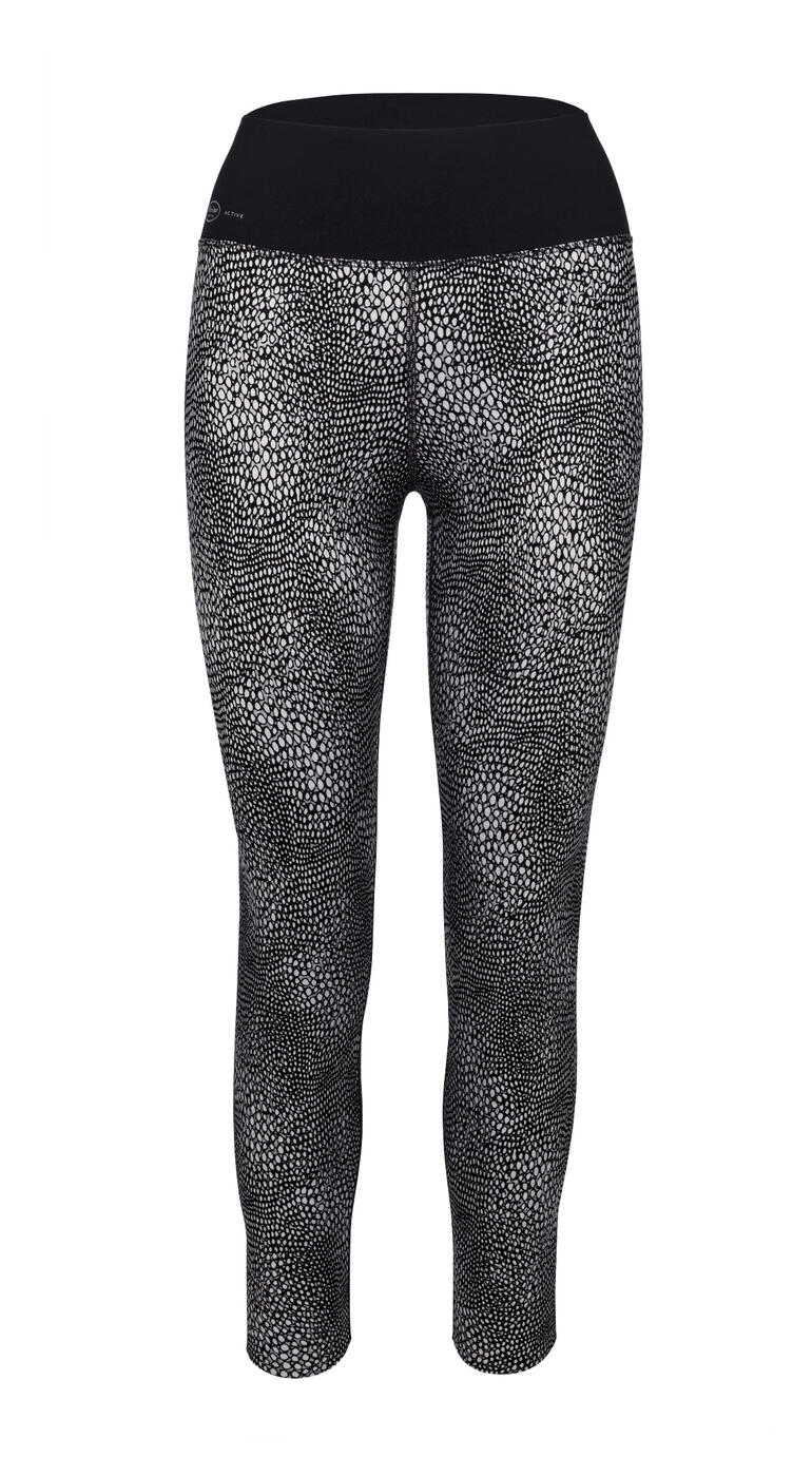 Vorneansicht einer Leggings in Grau und Schwarz mit Muster.