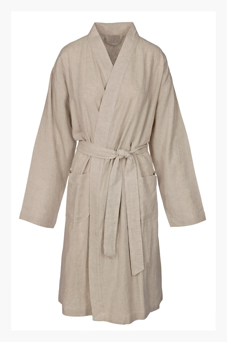 Beige Kimono-Bademantel in Vorderansicht auf einem weißen Hintergrund.