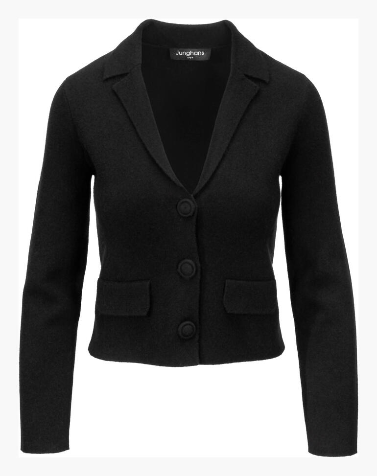 Schwarzer Kaschmir-Blazer von Junghans in Größe 36, Frontansicht.