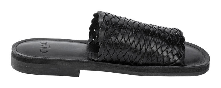Cano Flecht-Slides Huarache Schwarze Flecht-Slides von Cano, seitliche Ansicht.