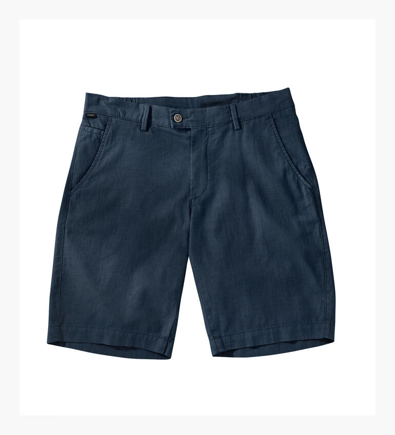 Dunkelblaue Business-Leinen-Bermuda, mit klassischen Taschen und Knopfverschluss.