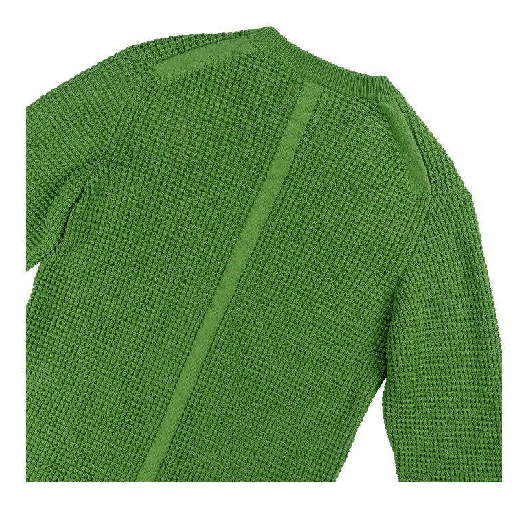 Grüner Waffelpullover mit strukturiertem Muster, Rückansicht.