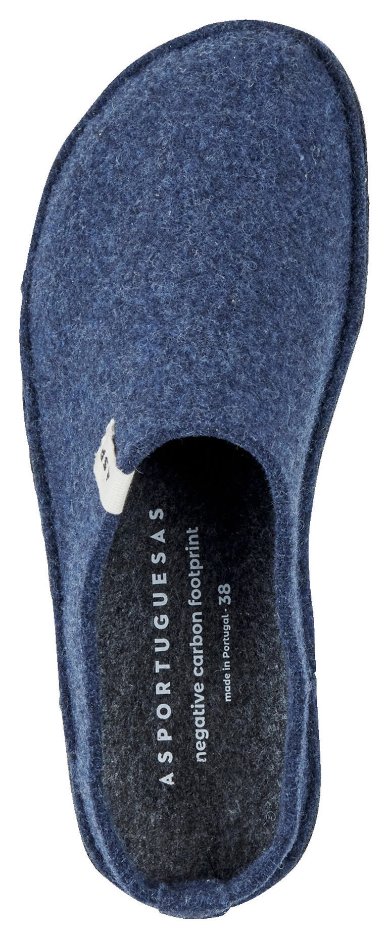 Dunkelblaue Hausschuhe mit flachem, flexiblem Fußbett.