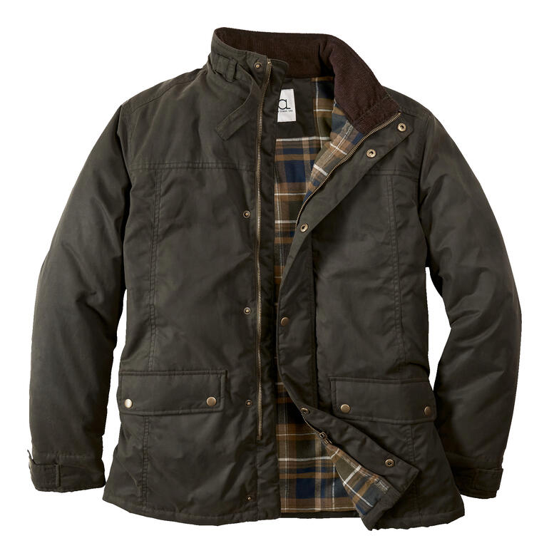 Herren Olivgrüne Oilskin-Outdoorjacke mit Karomuster innen und Knöpfen.