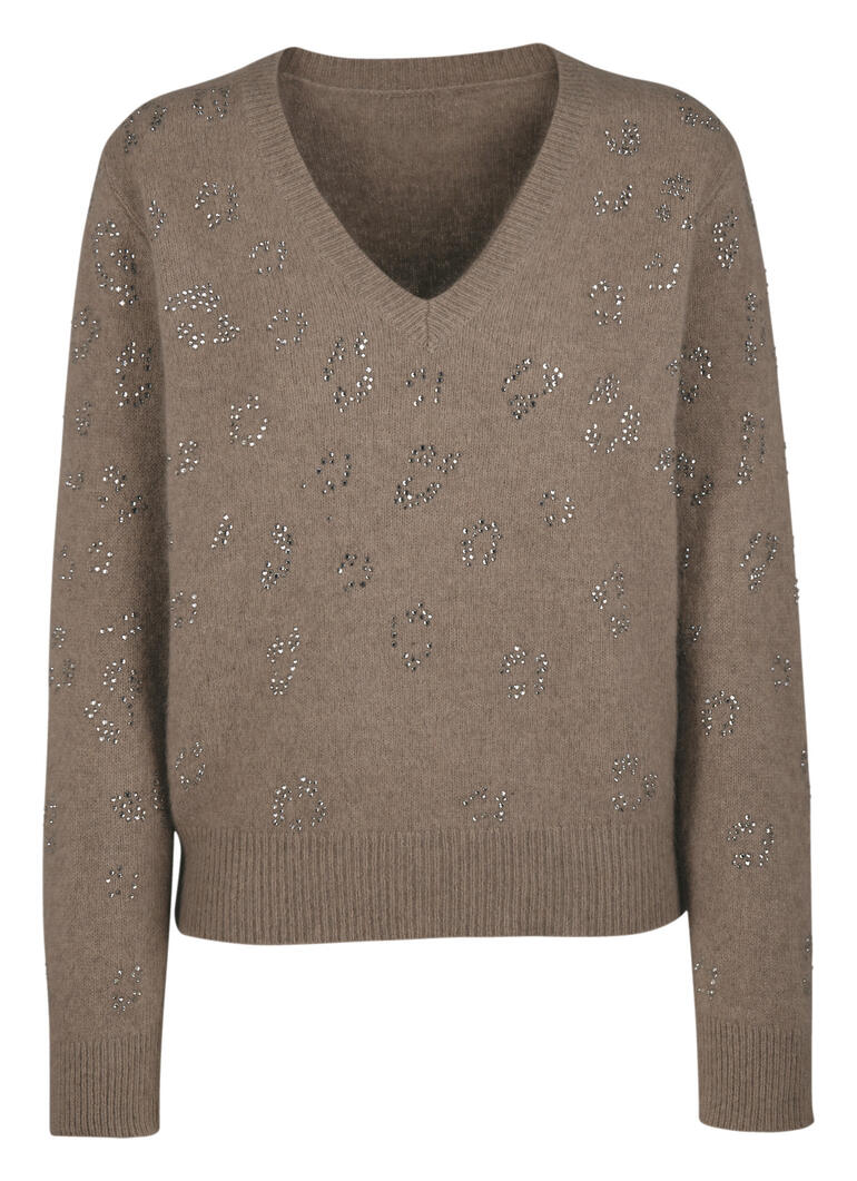 Raccoon-Flausch-Pullover - Der Pullover aus seltenem Waschbär-Woll-Garn: Weich wie Kaschmir. Wärmend wie Alpaka. Flauschiger Pullover mit V-Ausschnitt und dekorativen Steinen