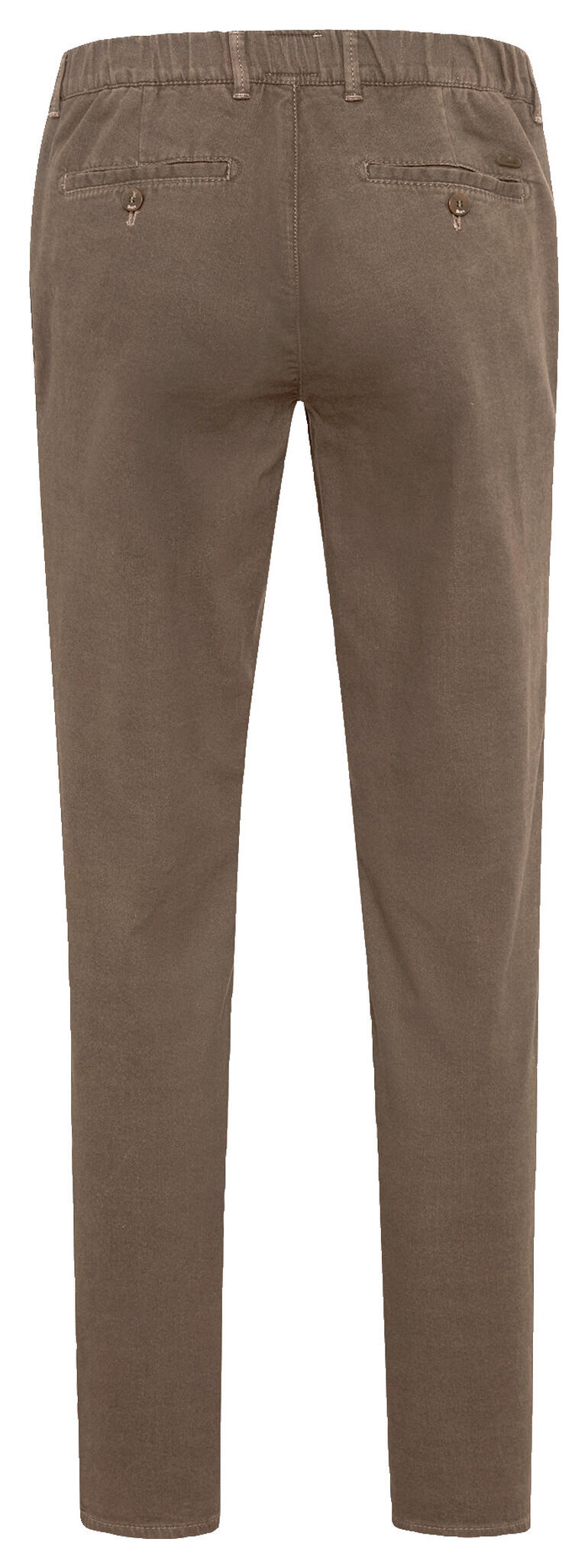 Olivfarbene Winter-Chino, Rückansicht zeigt die Gesäßtaschen.