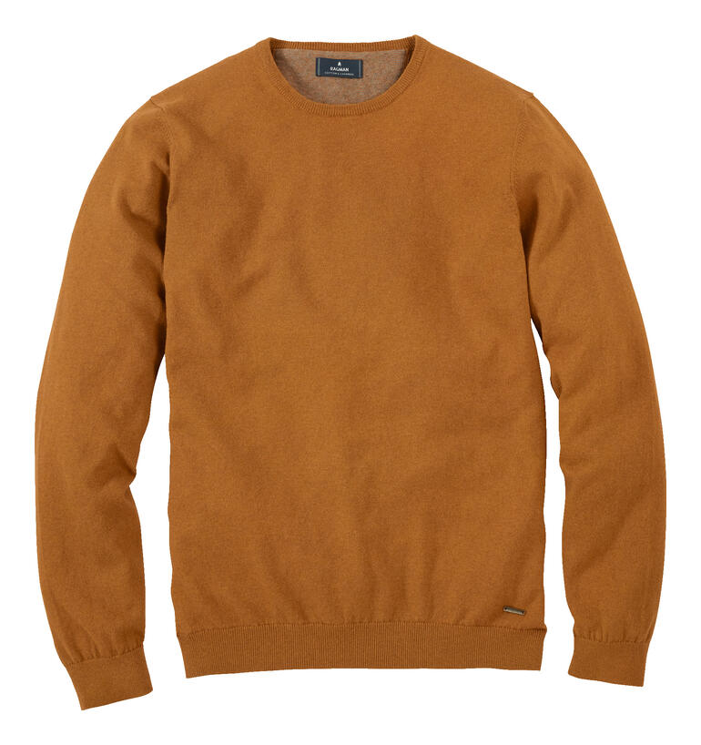 Curryfarbener Feinstrick Longsleeve mit Rundhalsausschnitt, Größe 46