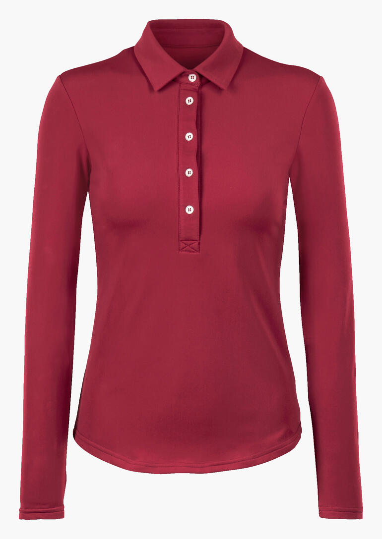 Rotes Winter-Poloshirt mit langen Ärmeln und Knopfleiste.