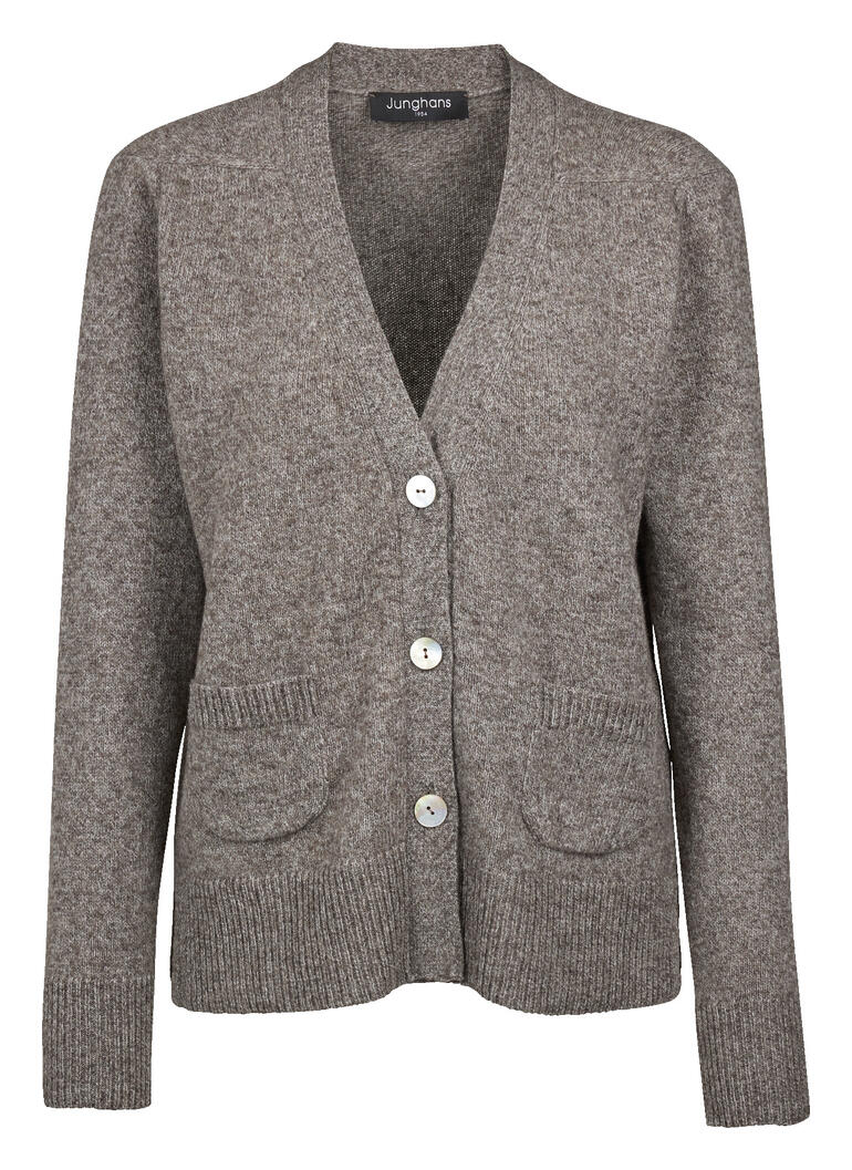 Grau-brauner Yak-Cardigan mit drei Knöpfen und Taschen.