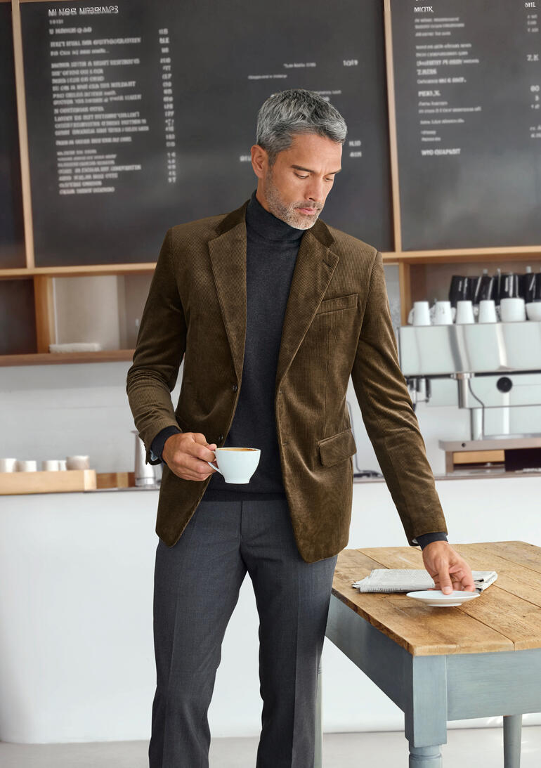 Mann im Camel-farbenen Cord-Sakko mit einer Tasse Kaffee.