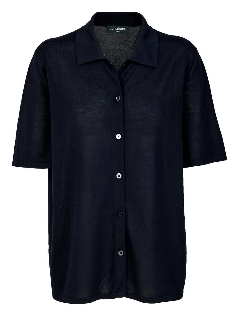 Tencel-Seiden-Strickbluse in navy, modern mit durchgehender Knopfleiste.