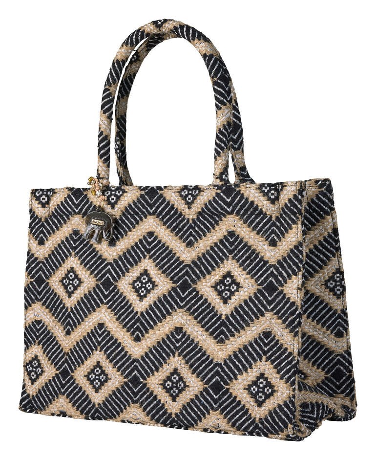 Schwarze Jacquard-Tote Bag mit Rautenmuster und Griffen.