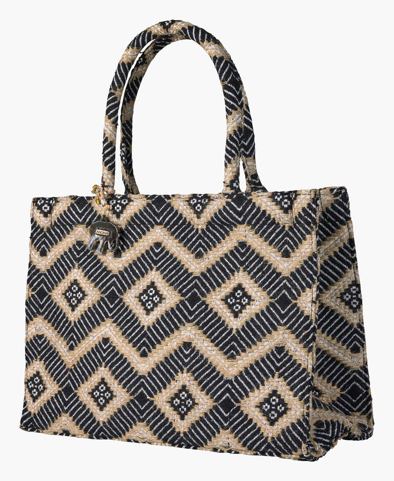 Schwarze Jacquard-Tote Bag mit Rautenmuster und Griffen.