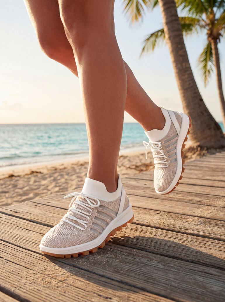 Frau trägt weiße Schnürsneaker am Strand mit Palmen im Hintergrund.