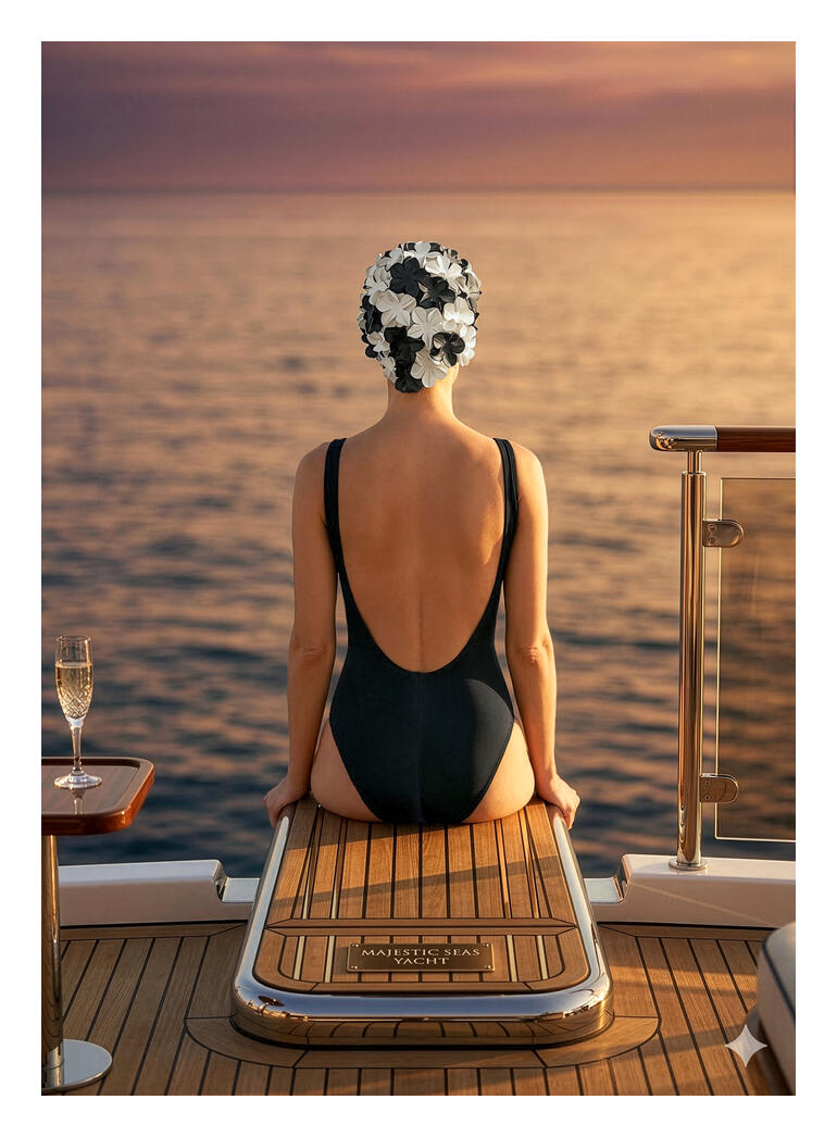 Frau trägt schwarze Badeanzug und Blüten-Badekappe von hinten.