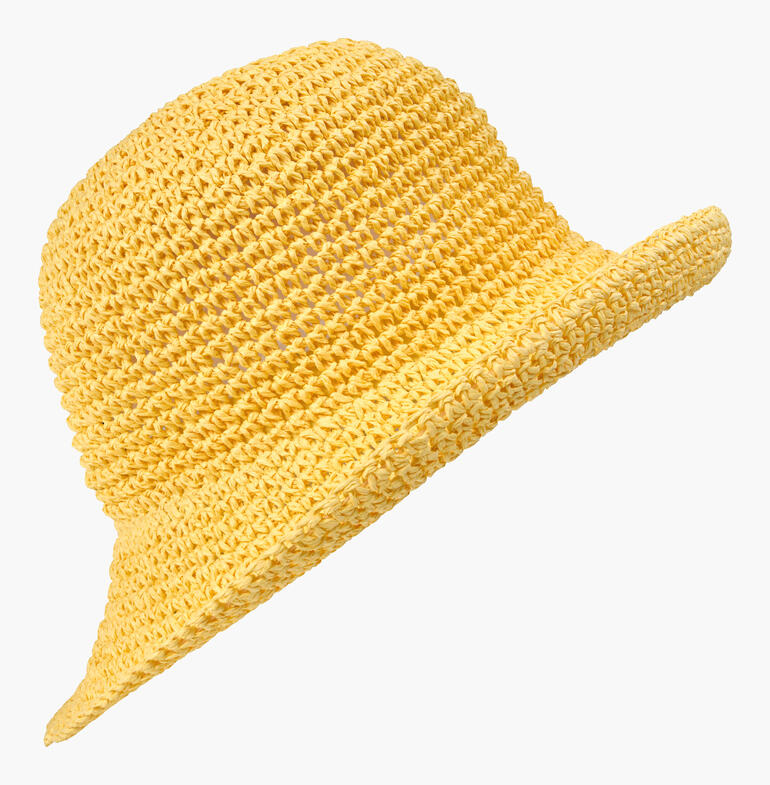 Roeckl Paper-Crochet Hut in Gelb, Detailansicht der Häkelstruktur.