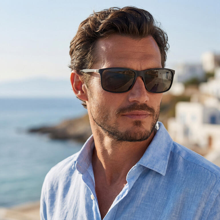 Mann mit schwarzer Swisseg Sonnenbrille steht am Meer.