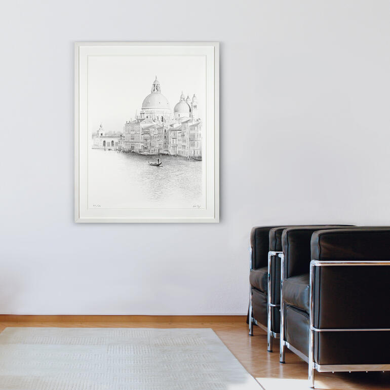 Zeichnung von Venedig mit historischen Gebäuden im Hintergrund.
