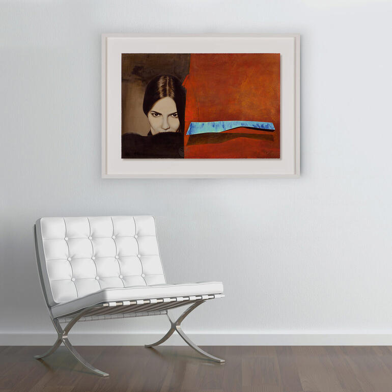 Das Werk ist gerahmt in den Größen 100 x 73 cm ... Gemälde einer Frau mit intensiven Blick, eingerahmt