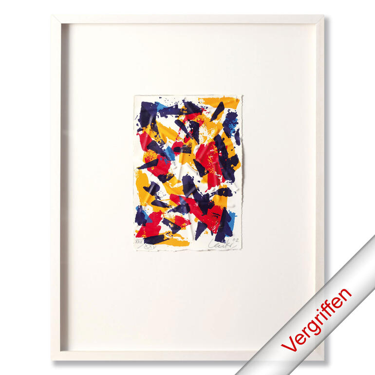 Splitter 3 Farbenfrohes Kunstwerk mit dynamischen Formen in Rot, Blau und Gelb, als vergriffen markiert.