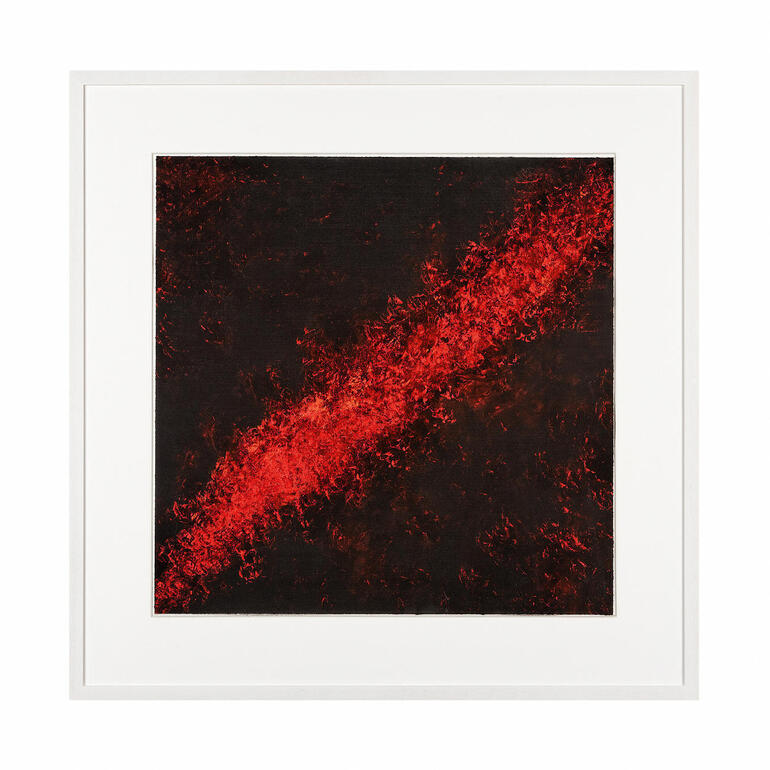 „Flammen der Leidenschaft II“, gerahmt 83 x 83 cm. Abstraktes Kunstwerk mit rotem Farbverlauf auf schwarzem Hintergrund in einem weißen Rahmen.
