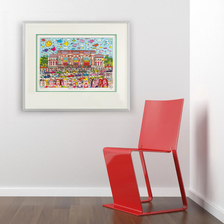 Das farbenfrohe Werk ist eine Bereicherung für jede Wohnungs- und Büroeinrichtung. James Rizzis Kunstwerk 'MEET ME AT THE MET' an einer Wand neben einem roten Stuhl