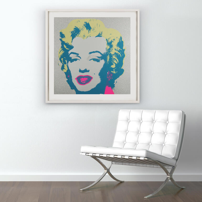 „Marilyn Diamond Dust“, gerahmt 112 x 112 cm. Andy Warhols berühmtes Porträt von Marilyn Monroe
