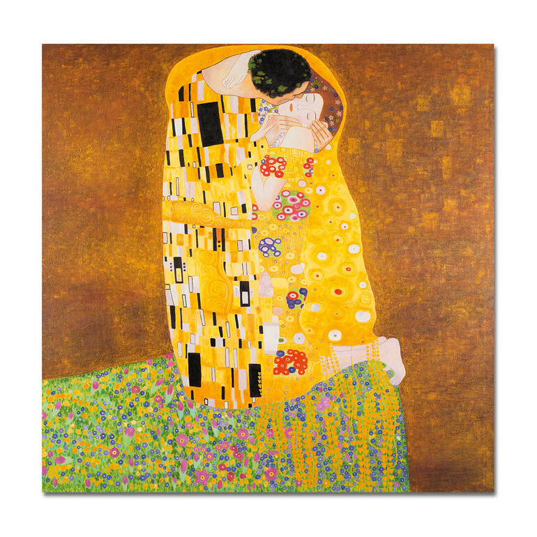 Kunstwerk 'Der Kuss' von Gustav Klimt in kräftigen Farben.