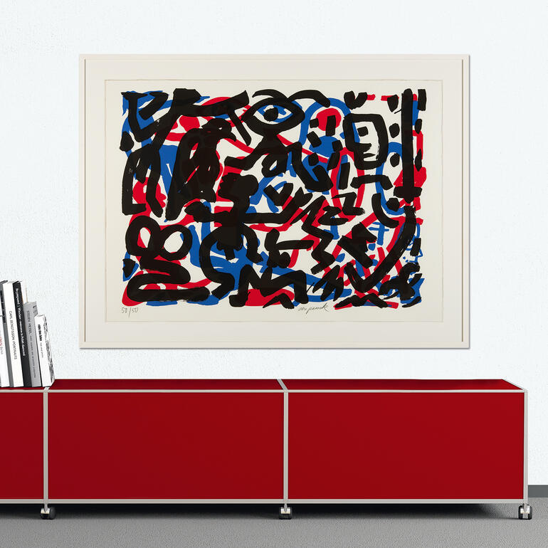 „Weiterarbeit“, gerahmt 130 x 98 cm. Abstraktes Kunstwerk mit schwarzen, blauen und roten Linien auf weißem Hintergrund
