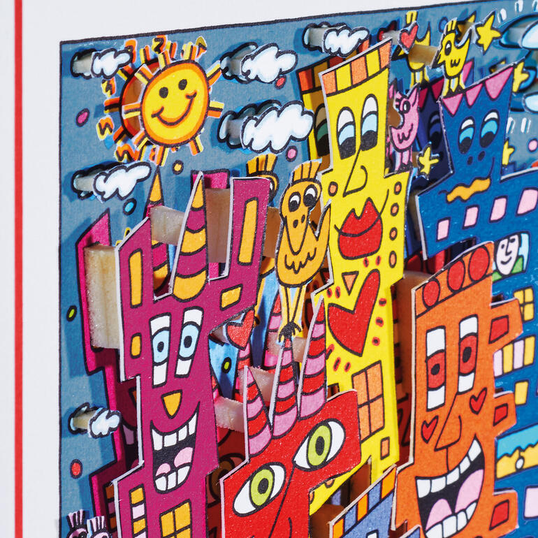 Aufwändige 3D-Collage mit bis zu 5 mm Tiefe. Detailaufnahme von den bunten Häusern aus dem Werk von James Rizzi