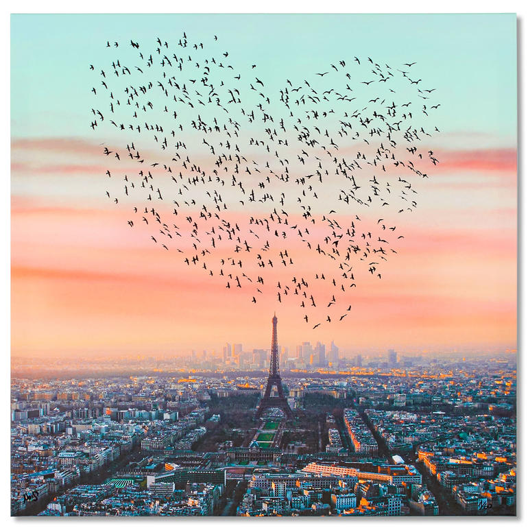 Vogelformation in Herzform über dem Eiffelturm in Paris während Sonnenuntergang.