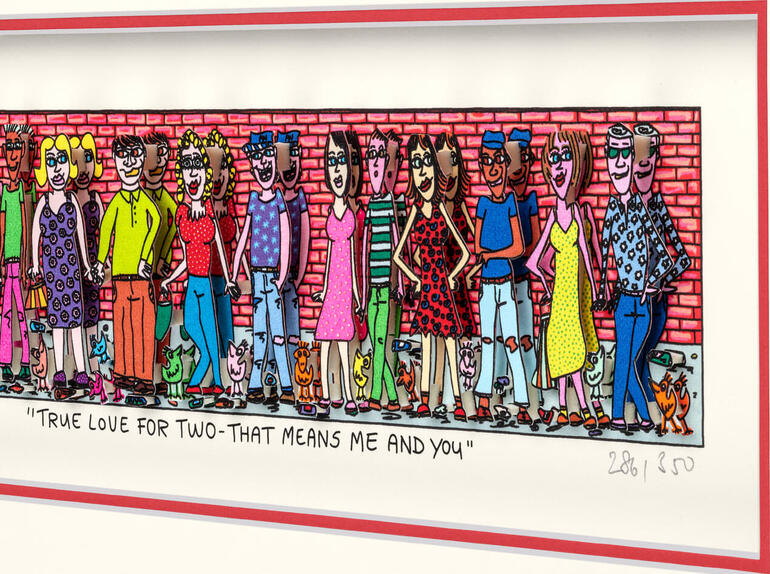 Aufwändige 3D-Collage mit bis zu 5 mm Tiefe. Artwork mit Frauen und Männer in bunten Outfits, mit Tieren, vor einer Ziegelmauer