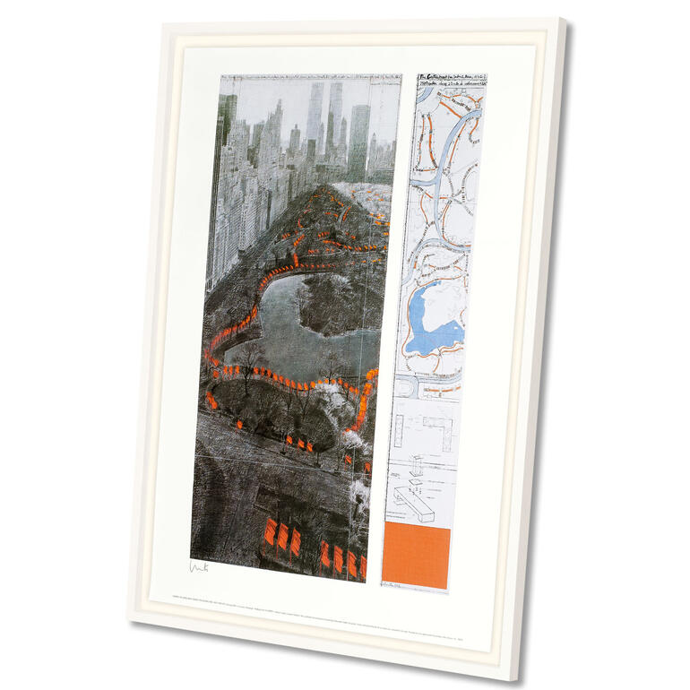 Christo – The Gates XXXVII Grafik mit skizzenhaftem Stadtplan und orangefarbenen Gates im Central Park.