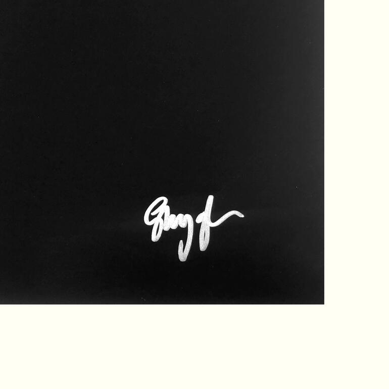 Handsignatur des Künstlers Signatur von Shyglo in silberner Schrift auf schwarzem Hintergrund