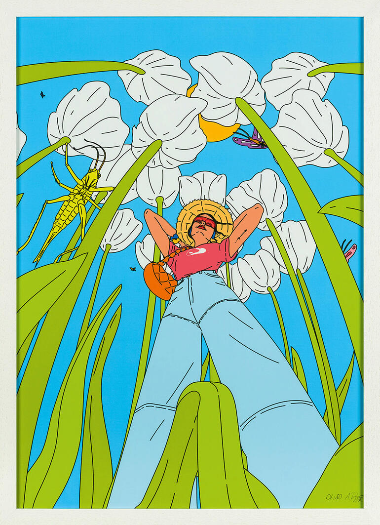 Anna Rupprecht – A Bug’s Life - Illustrations-Künstlerin Anna Rupprecht editiert erstmals eines ihrer unverkennbaren Werke. 30 Exemplare. Exklusiv bei Pro-Idee. Maße gerahmt: 43 x 59 cm Bunte Grafik von einer Person, die sich entspannt und Blumen über sich hat.