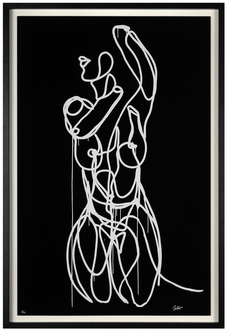 Gemälde eines menschlichen Körpers in einem eleganten schwarzen Rahmen.