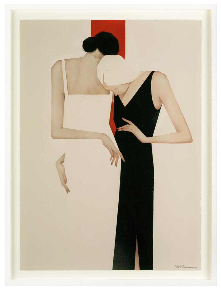 Kunstwerk mit zwei stilisierten Figuren in einem emotionalen Moment, umrahmt von einem Rahmen.